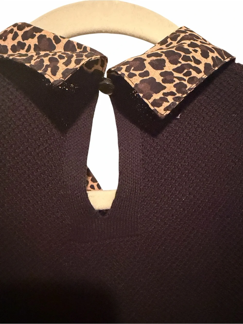 J. Crew Black Crewneck Long Sleeve Sweater w/ Leopard Print Collar Medium NWOT